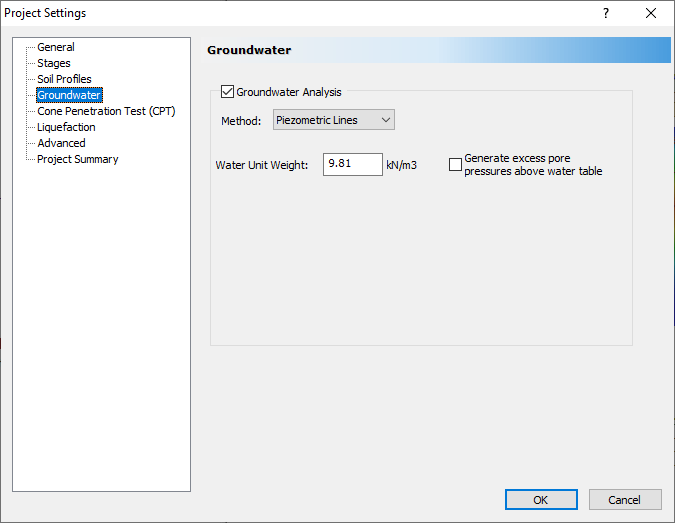 Project Settings dialog - Groundwater tab